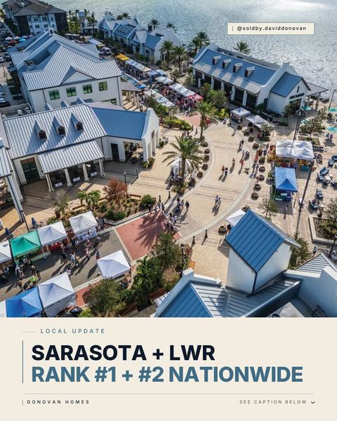 Sarasota and Lakewood Ranch Rank #1 and #2 Nationwide — Donovan Homes local update graphic