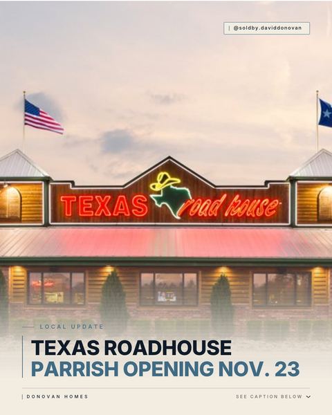 Texas Roadhouse Parrish Opening Nov. 23 — Donovan Homes local update graphic