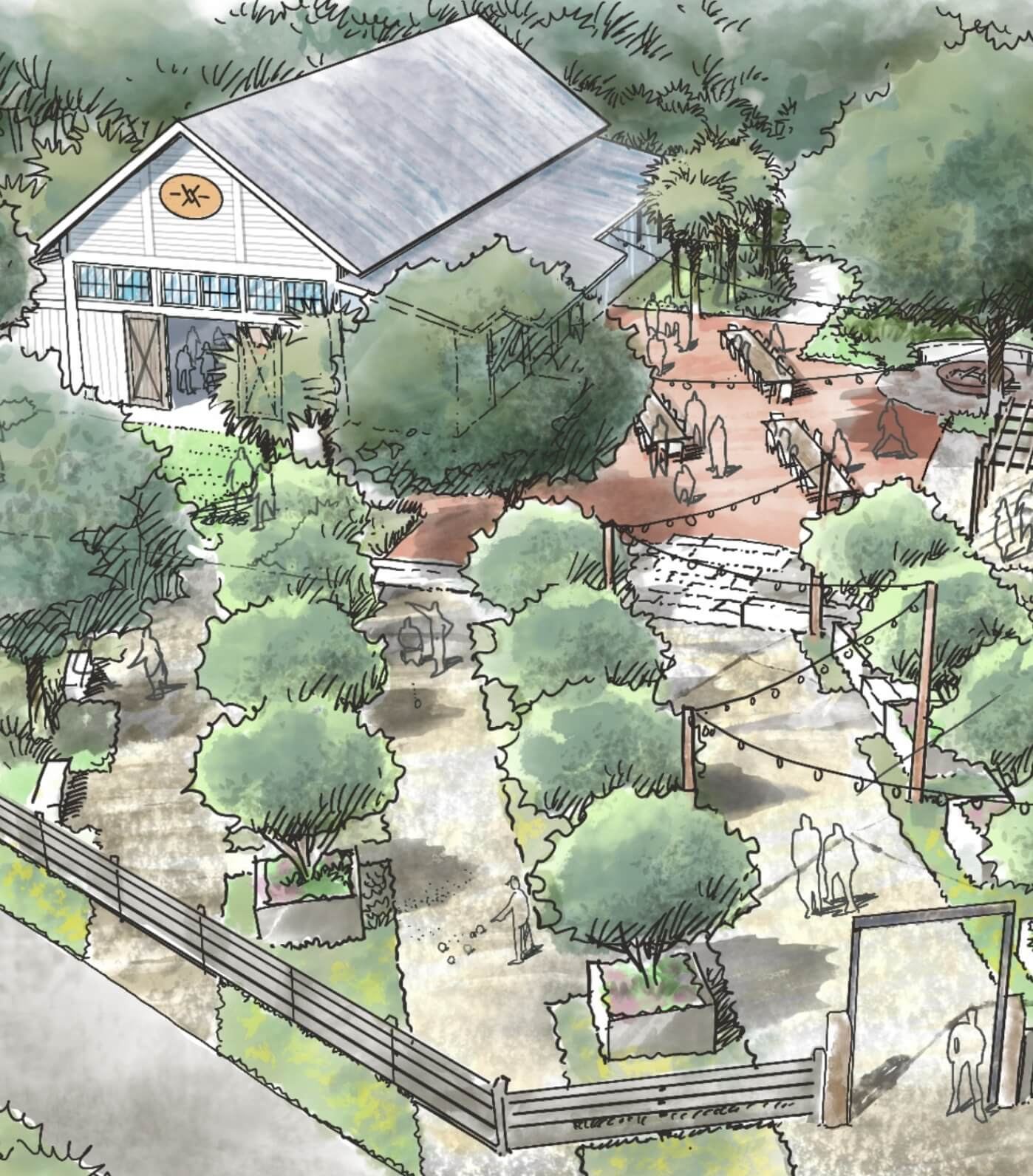 Concept rendering of a planned barn-style event pavilion with string lights at Rye Ranch, Parrish FL