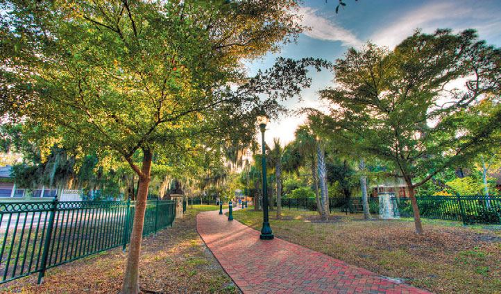 Oak-canopied brick walkway with a wrought-iron fence on a shaded residential Sarasota street
